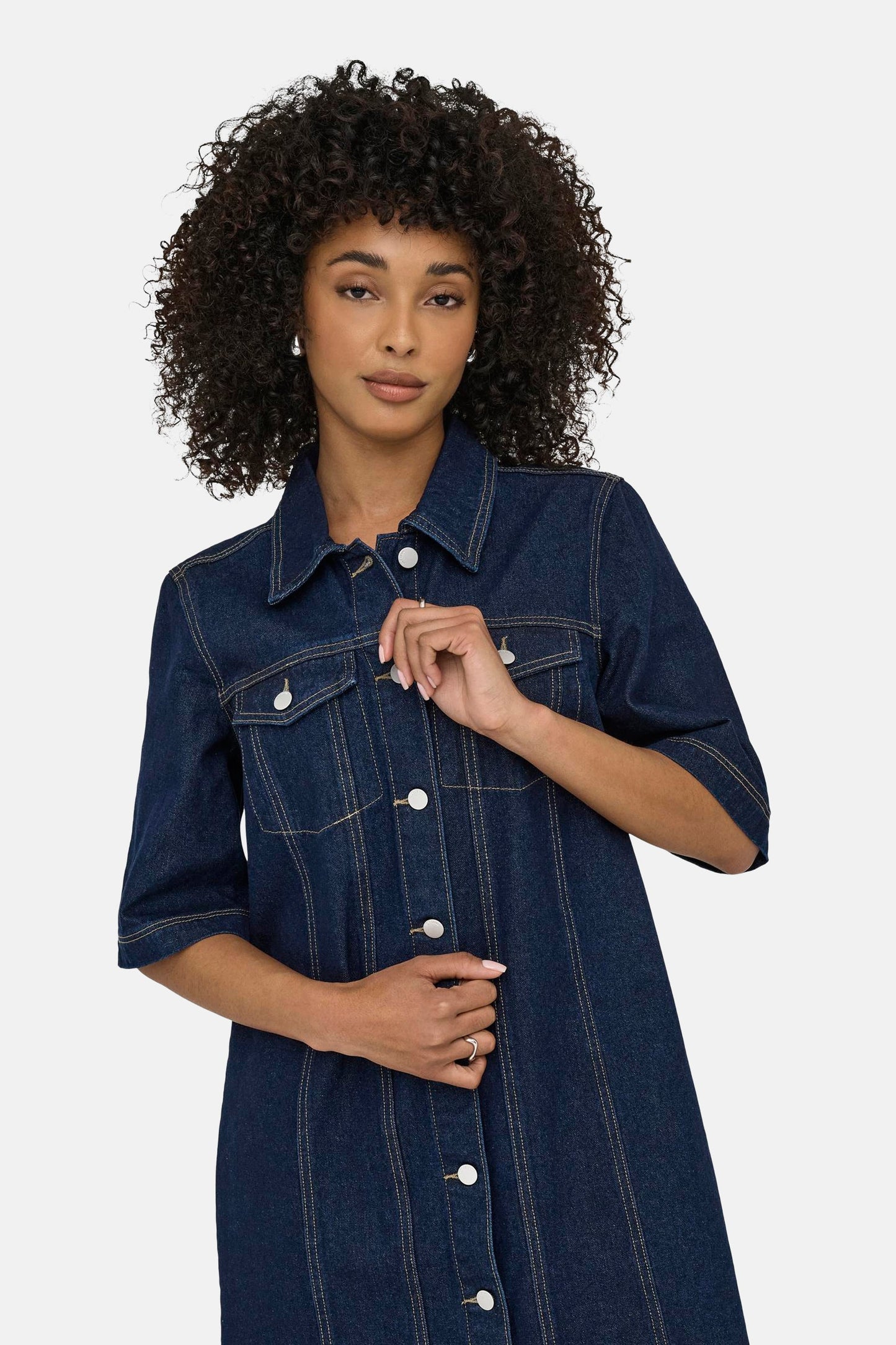 Korte Mouwen Denim Kleed - Donkerblauw