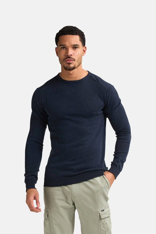 Blauwe trui met ronde hals