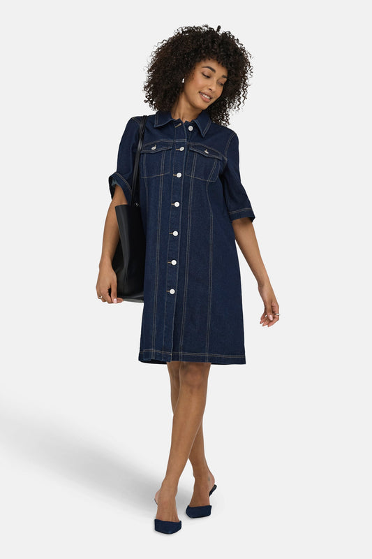 Korte Mouwen Denim Kleed - Donkerblauw