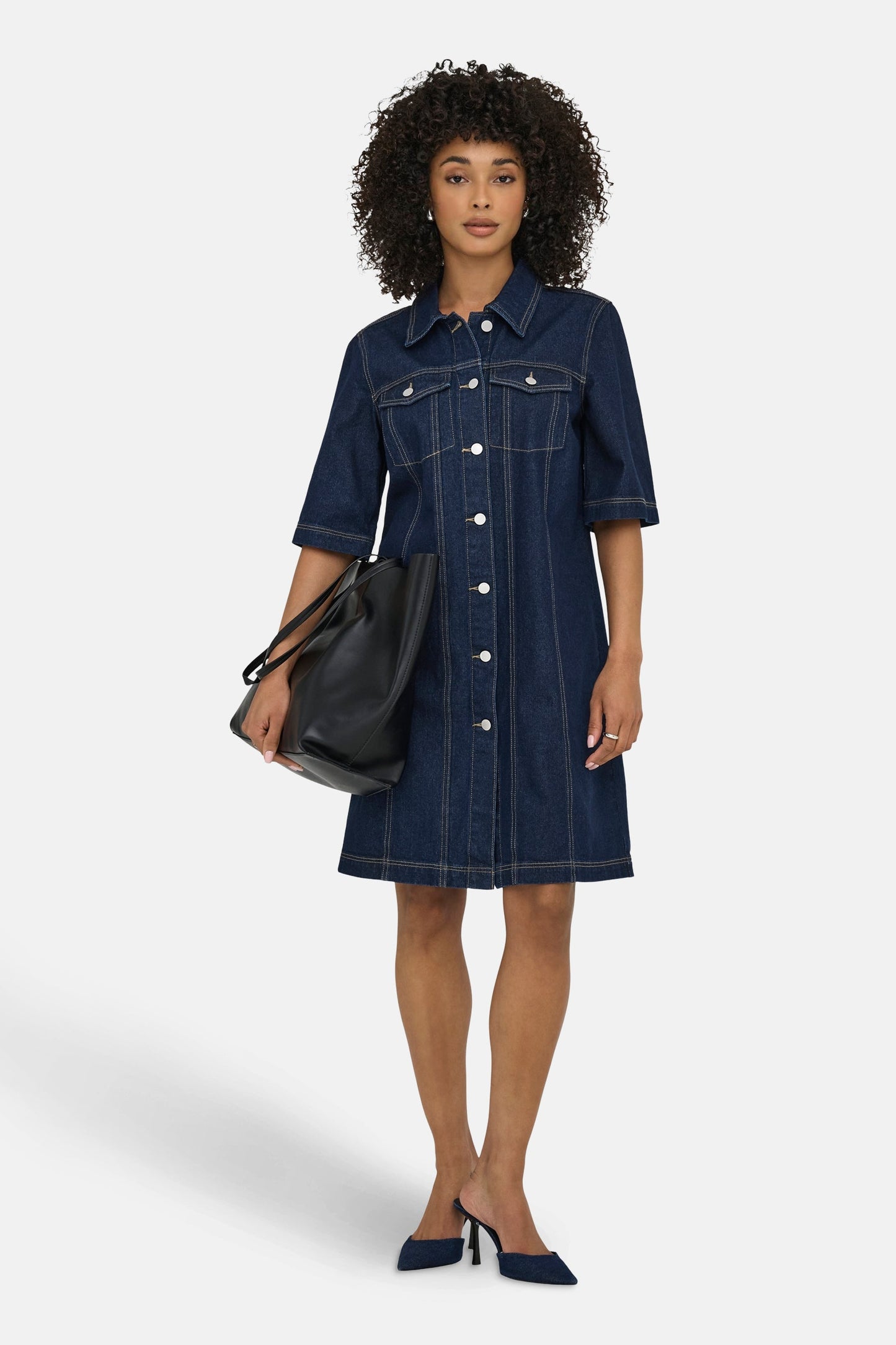 Korte Mouwen Denim Kleed - Donkerblauw