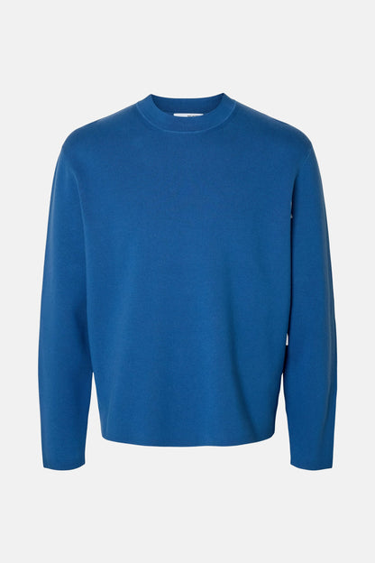 Blauwe trui met ronde hals