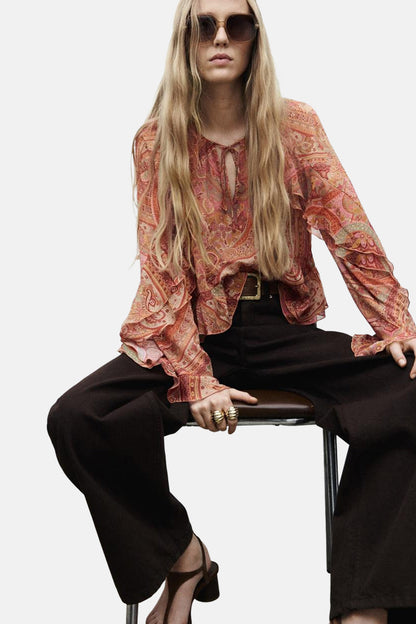 Multicolor Long Sleeve Blouse - MANGO