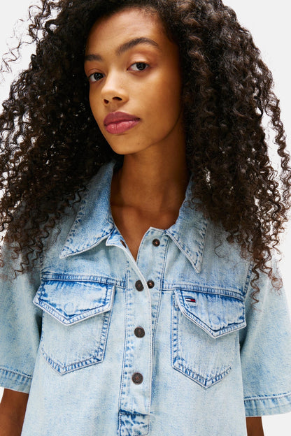 Korte Mouwen Denim Kleed - Lichtblauw