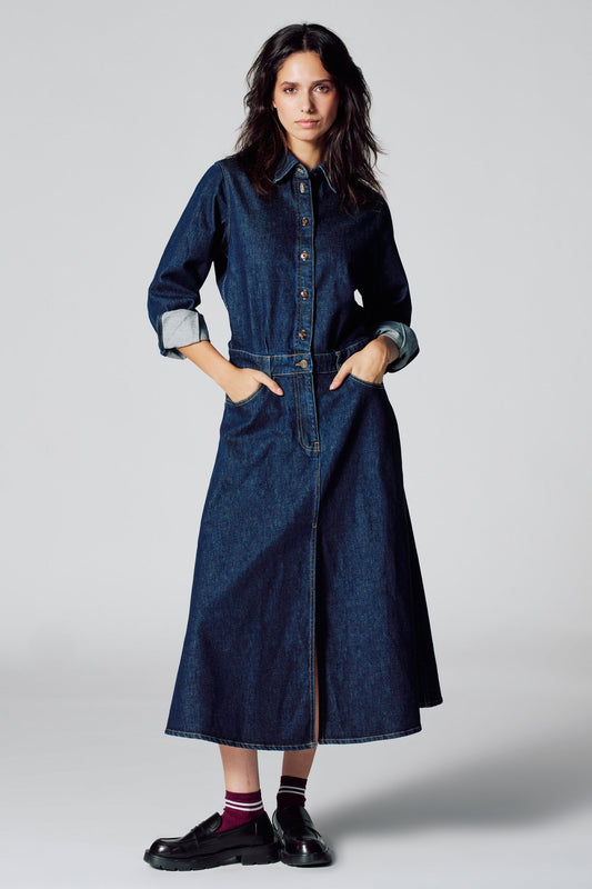 Lange Mouwen Denim Kleed - Donkerblauw